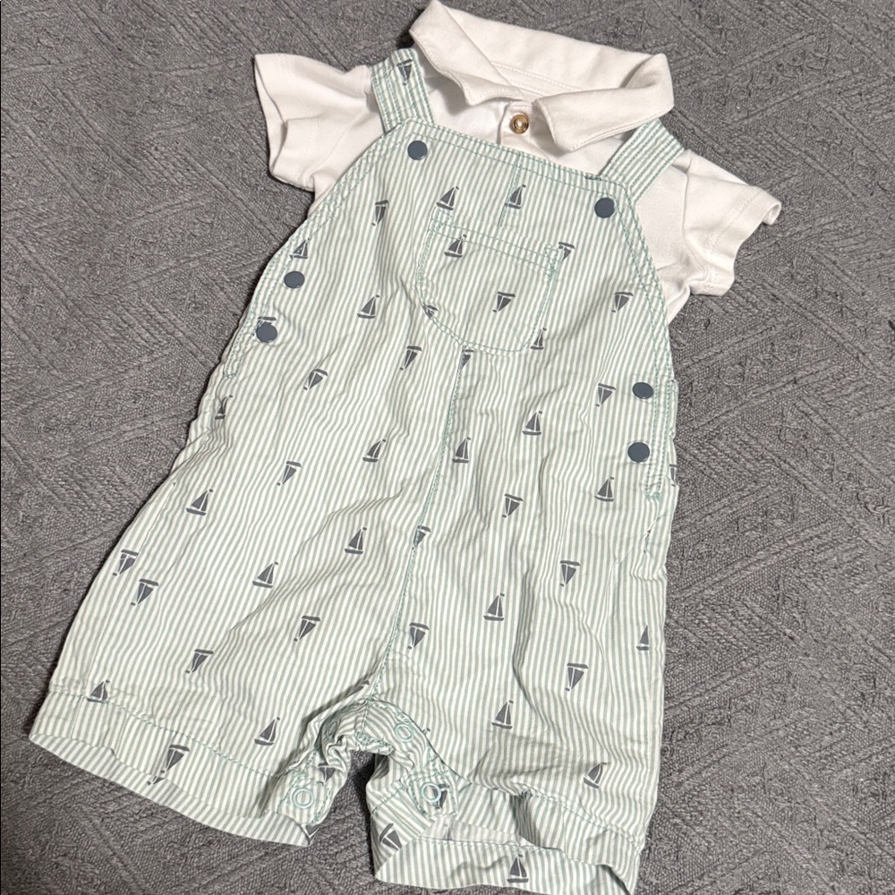 Carter's Mint Green & White Striped Sailboat Shortalls with White Polo